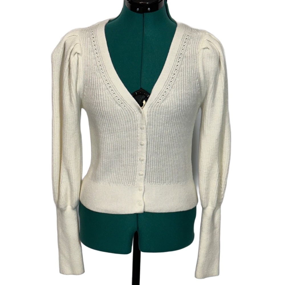 Abercrombie & Fitch Cardigan Puff Sleeve Small White Ribbed V-Neck Pointelle S